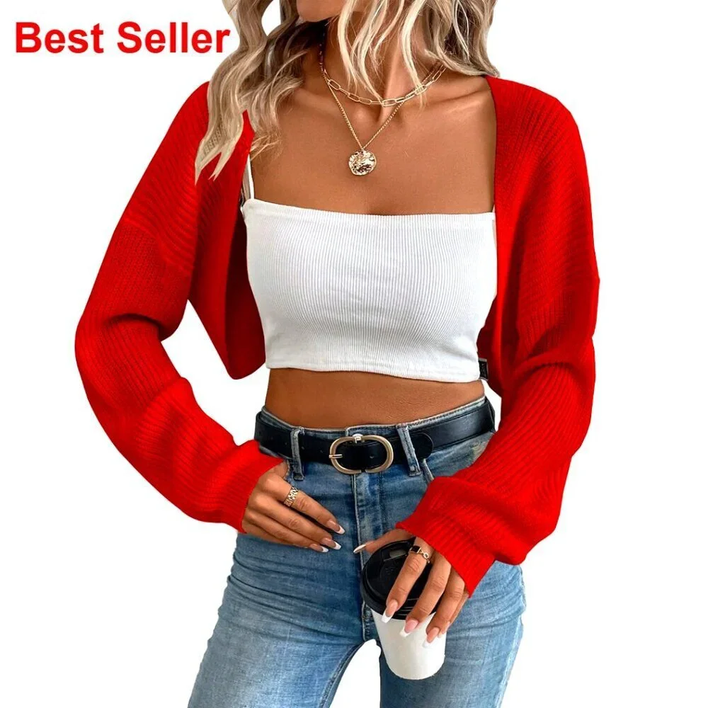 Long Sleeve Cropped Cardigan Shrug Open Front Knit Bolero for Dresses